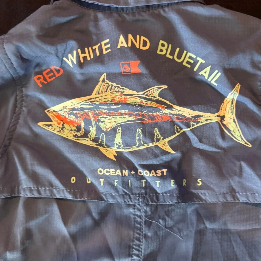 Ocean Coast Advantage Blue Fish Ripstop Fishing Romper 24M Red White Bluetail